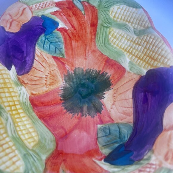 Fall-Themed Ceramic Serving Bowl Hand-Painted Pumpkin Corn & Eggplant Cornucopia - Picture 7 of 9